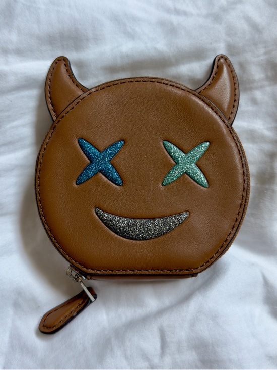 Coach Handbags - Coach Devil Emoji Coin Card Zip Pouch Brown Leather Glitter Eyes Wallet